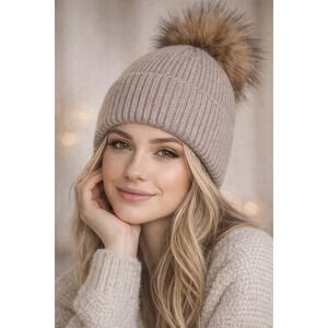 Norla Canada Alpaca Wool Blend Ribbed Knit Beanie Faux Fur Pom Taupe Beige Hat